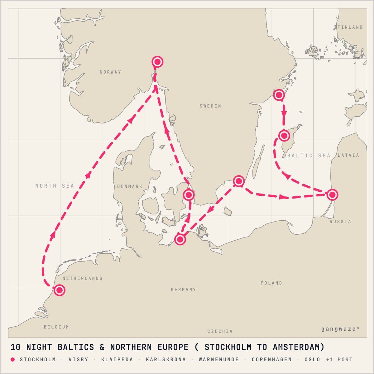 Crystal Serenity itinerary map for September 7, 2028 (10 nights)