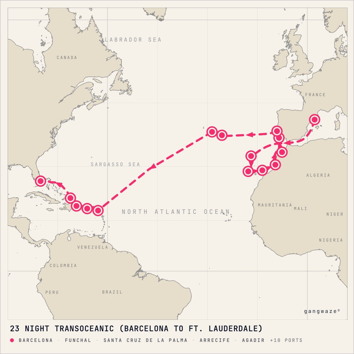 Crystal Serenity itinerary map for November 11, 2028 (23 nights)
