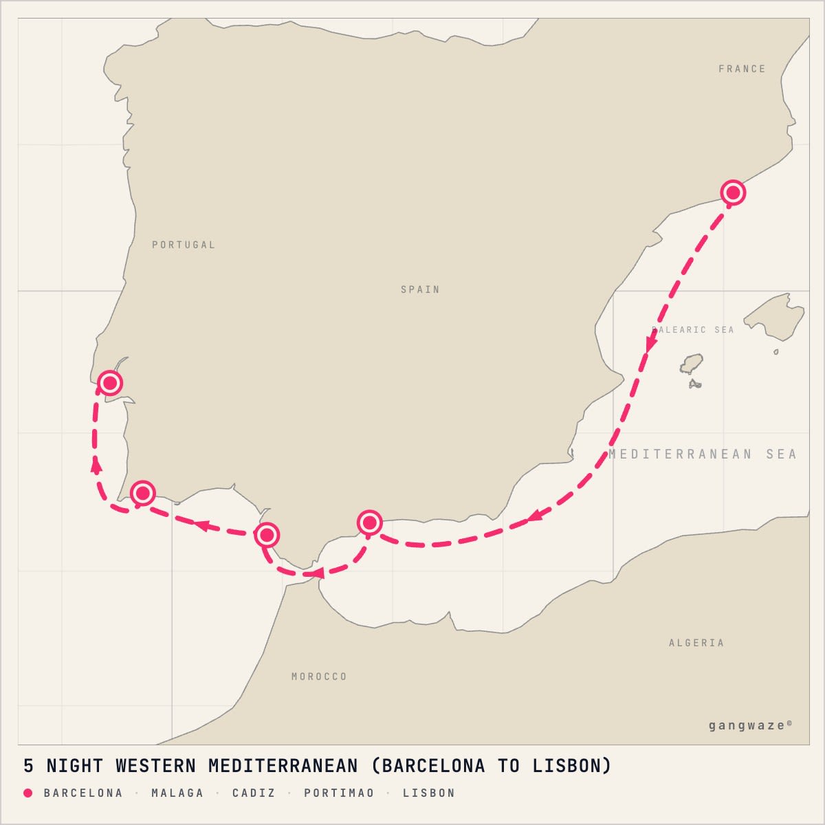 Crystal Symphony October 13, 2027 itinerary map: from Barcelona to Lisbon, calling at Malaga, Cadiz, Portimao