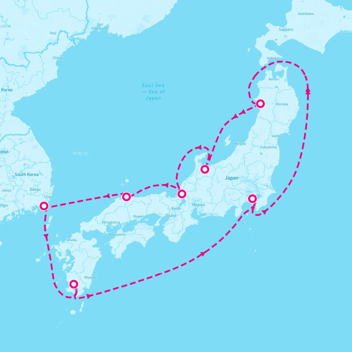 Diamond Princess itinerary map for July 1, 2025 (9 nights)