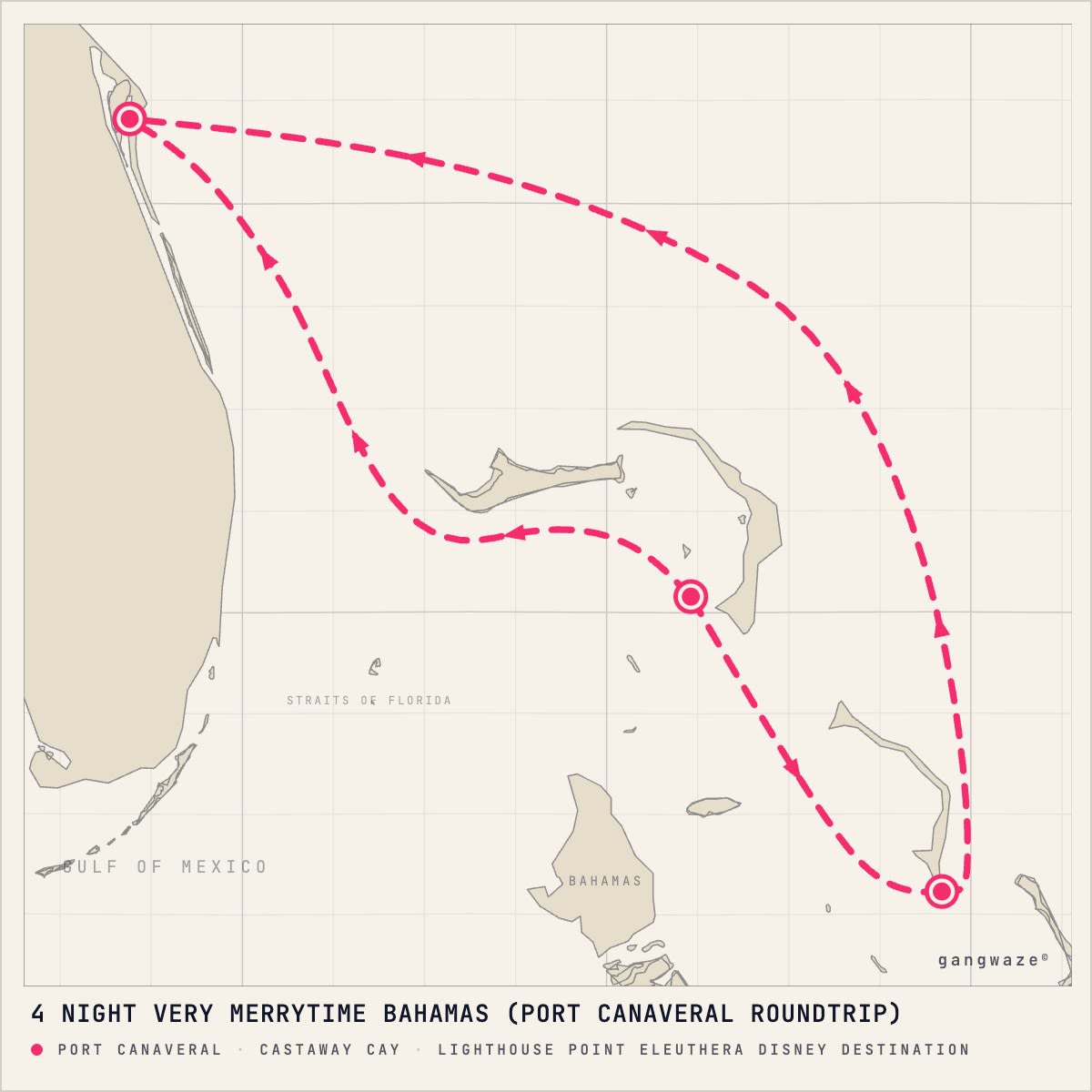 Disney Destiny itinerary map for December 8, 2027 (4 nights)