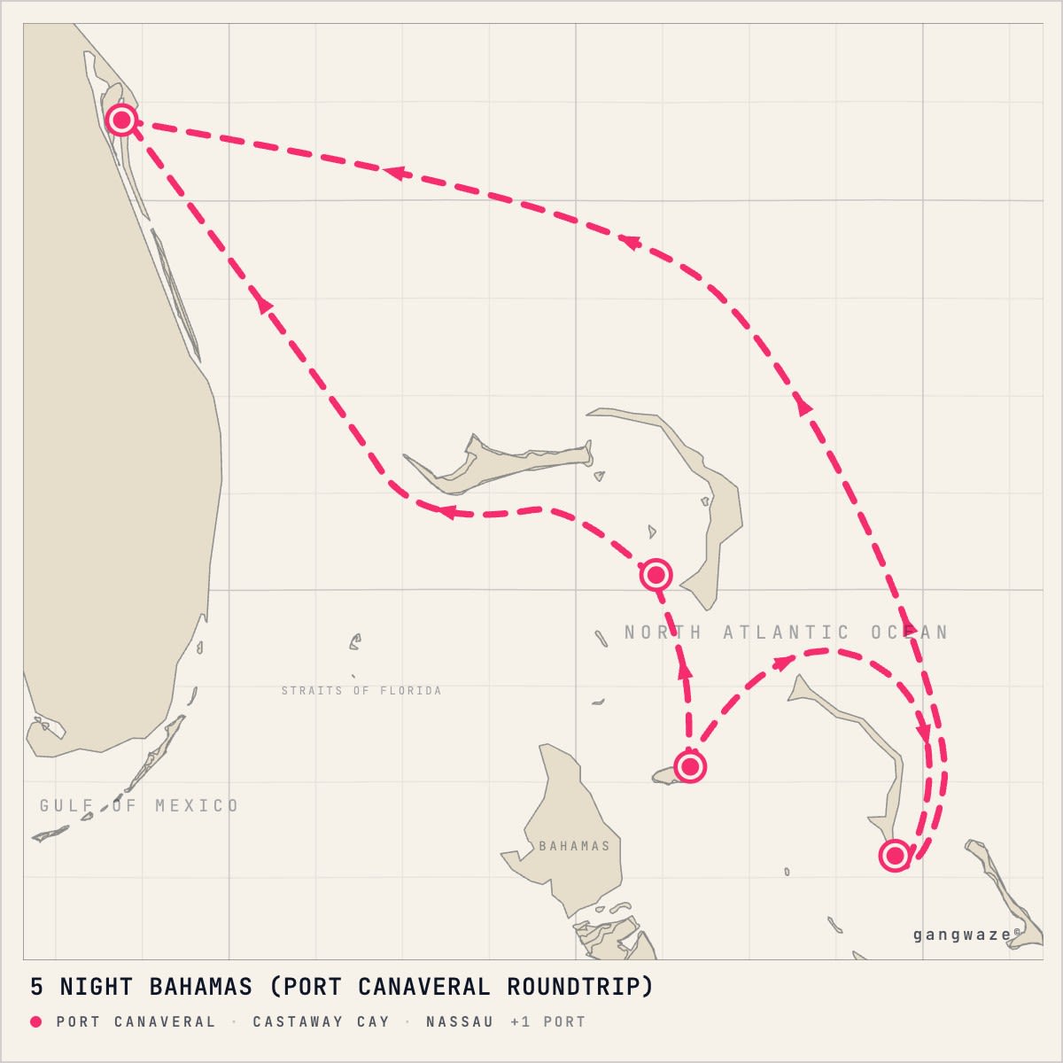Disney Destiny itinerary map for December 29, 2027 (5 nights)