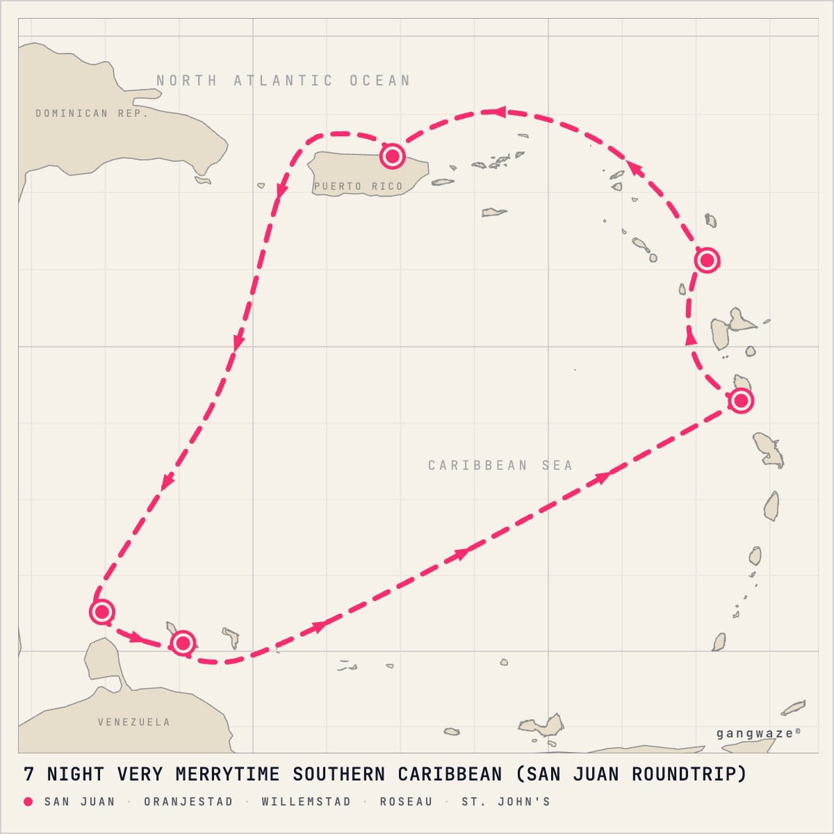 Disney Fantasy December 3, 2027 itinerary map: round trip from San Juan, calling at Oranjestad, Willemstad, Roseau, St. John's