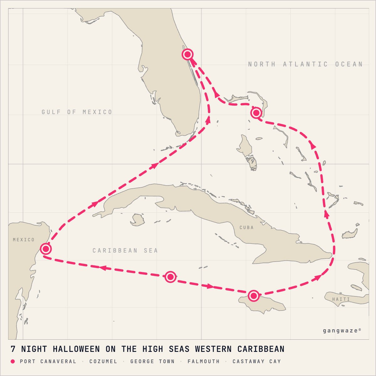 Disney Treasure itinerary map for October 16, 2027 (7 nights)
