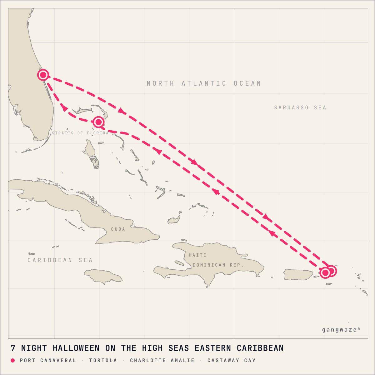 Disney Treasure itinerary map for October 23, 2027 (7 nights)