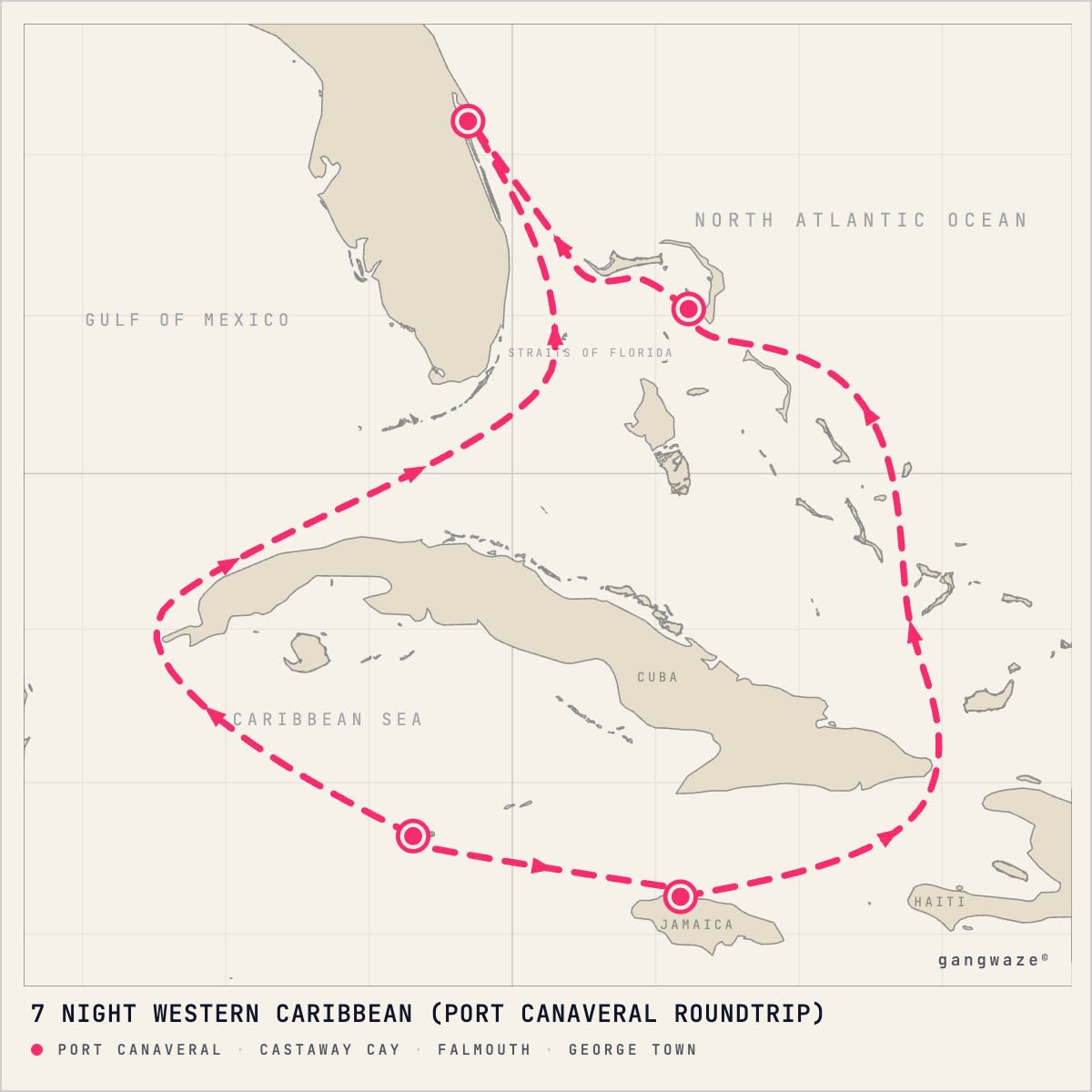 Disney Treasure itinerary map for December 26, 2027 (7 nights)