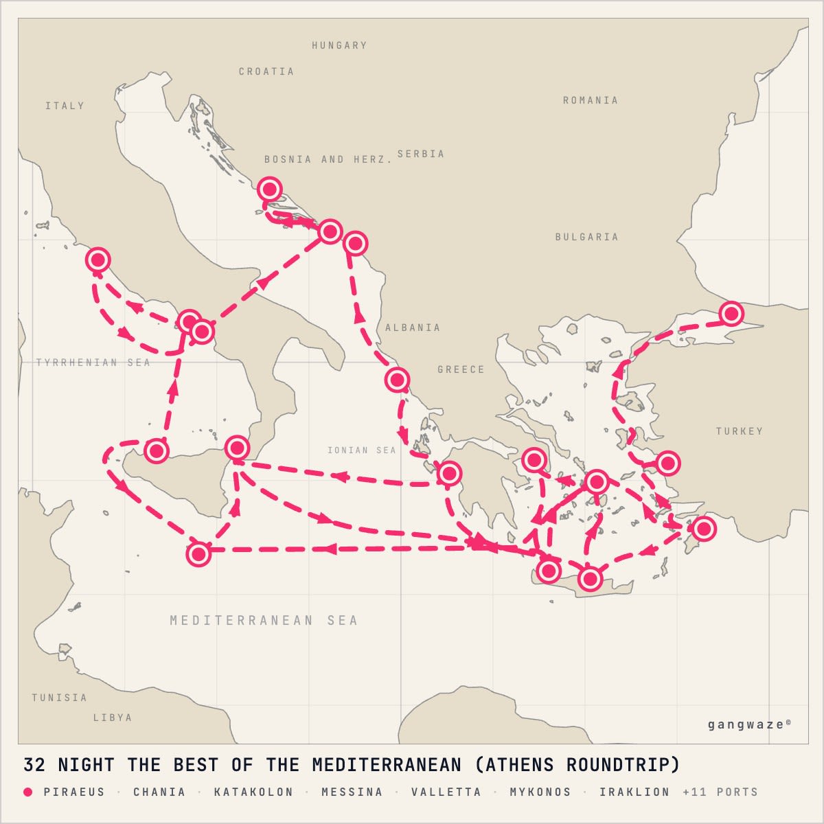 Enchanted Princess itinerary map for April 24, 2028 (32 nights)