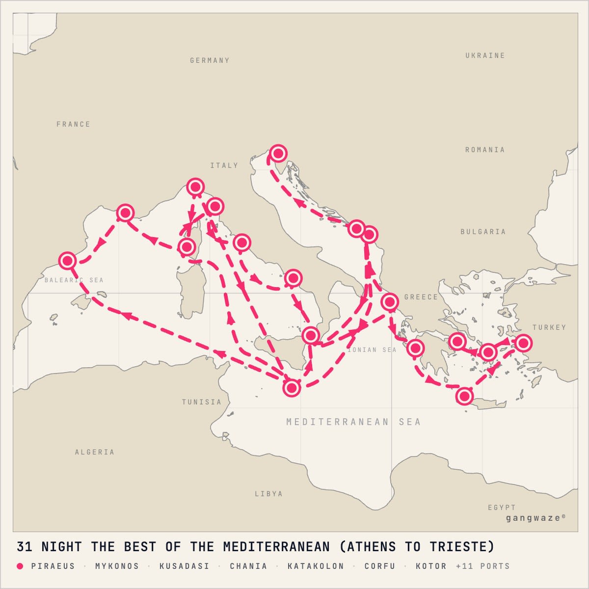 Enchanted Princess itinerary map for August 26, 2028 (31 nights)