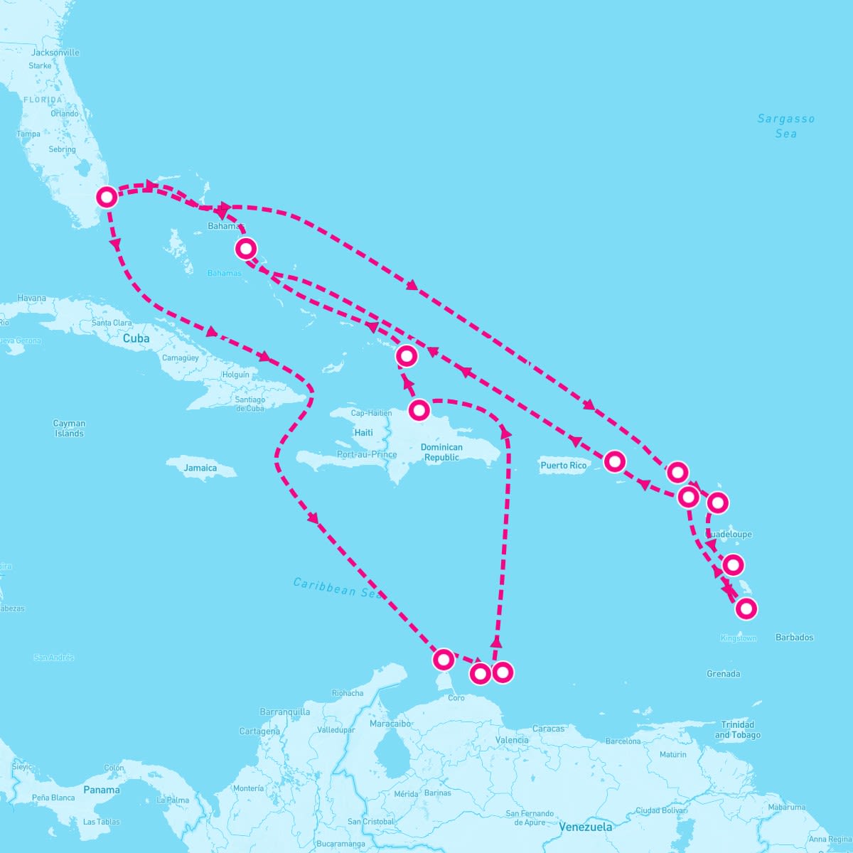 MS Eurodam itinerary map for March 16, 2024 (21 nights)
