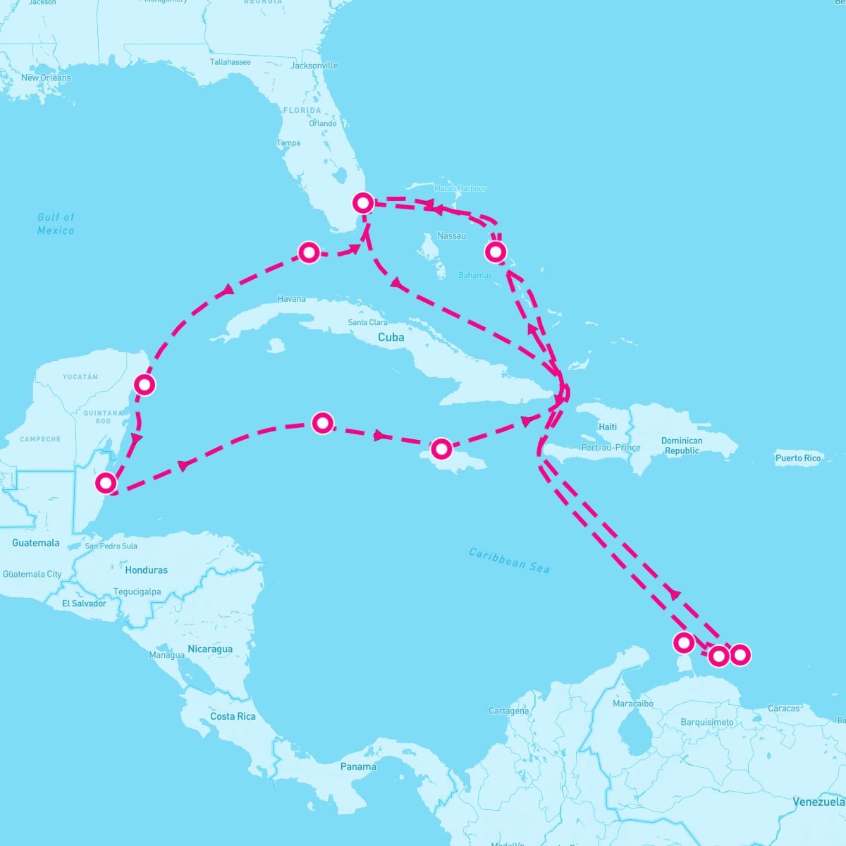 MS Eurodam itinerary map for December 30, 2024 (19 nights)