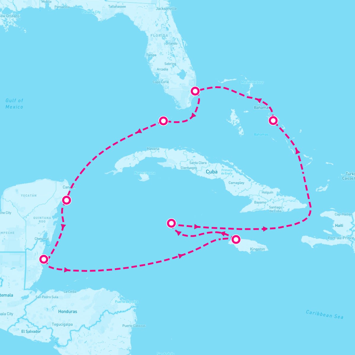 MS Eurodam itinerary map for January 8, 2025 (10 nights)
