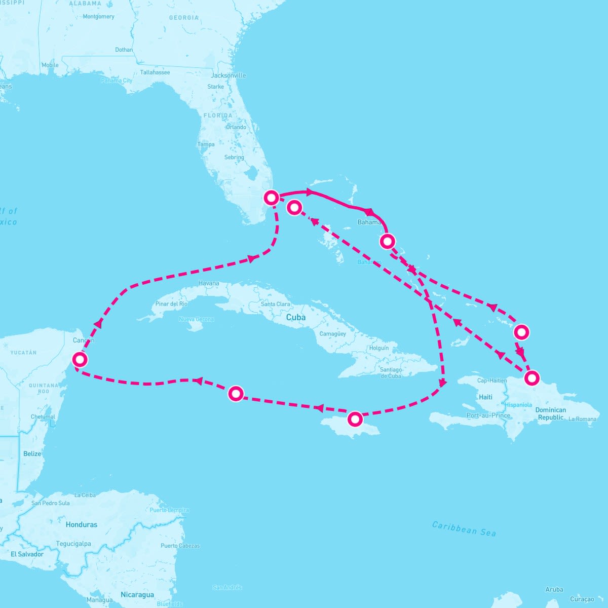MS Eurodam itinerary map for February 8, 2026 (14 nights)