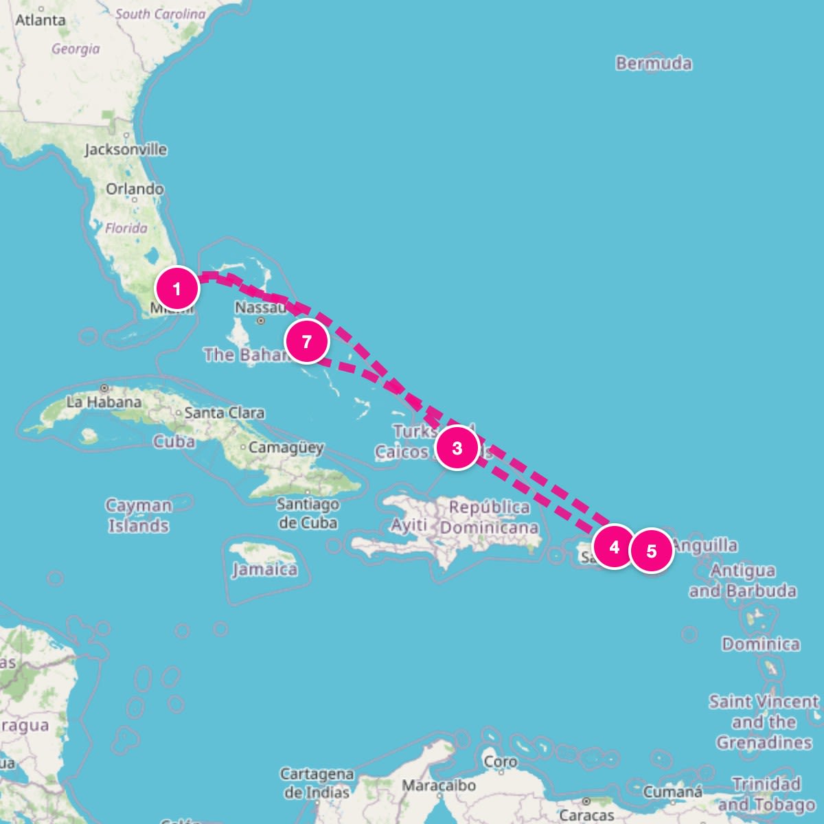 MS Eurodam itinerary map for January 29, 2028 (7 nights)