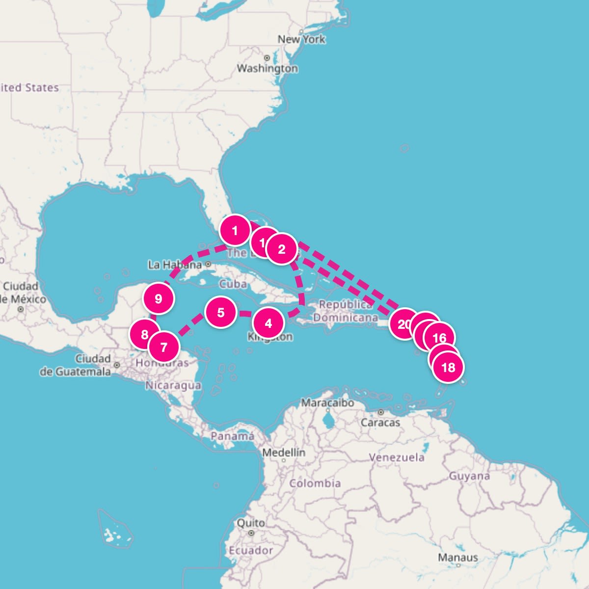 MS Eurodam itinerary map for March 4, 2028 (22 nights)