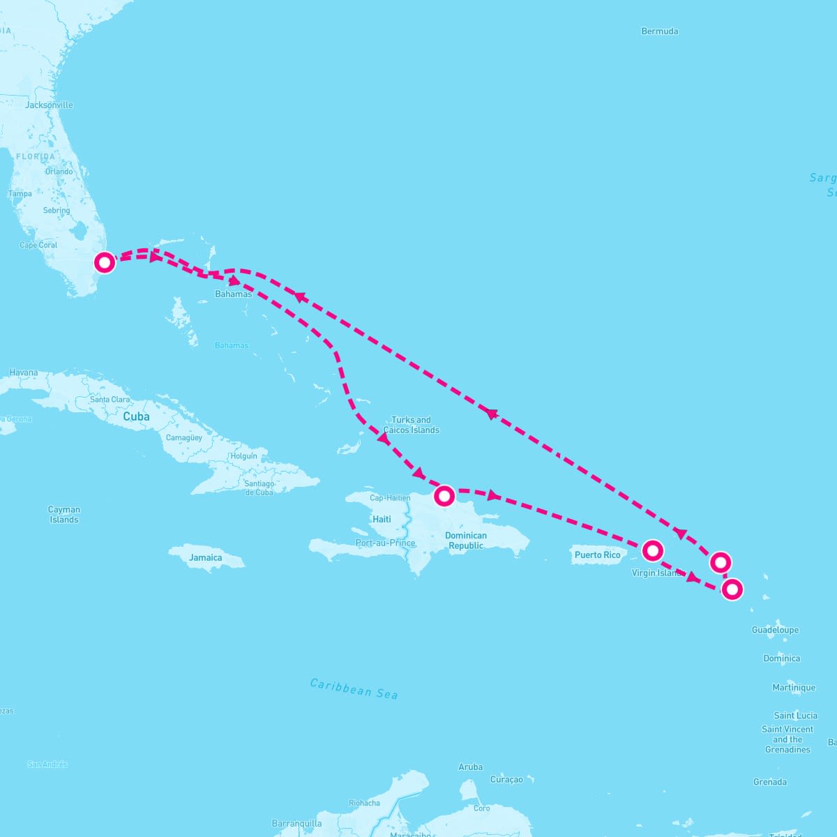 Freedom of the Seas itinerary map for March 15, 2025 (8 nights)