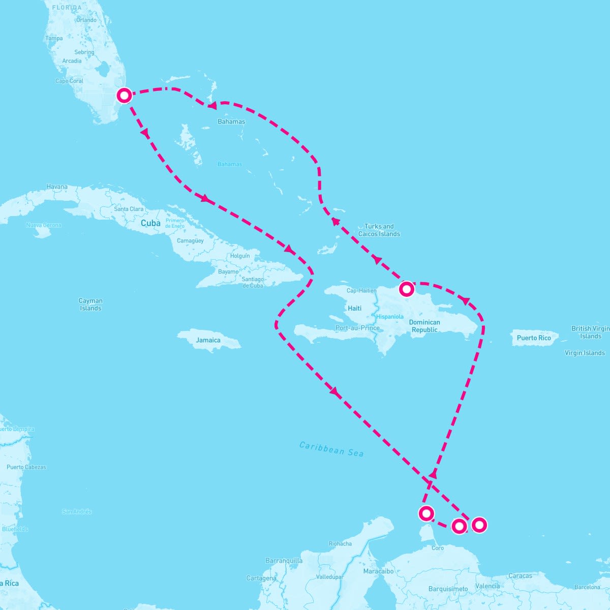 Grandeur of the Seas itinerary map for January 10, 2025 (9 nights)
