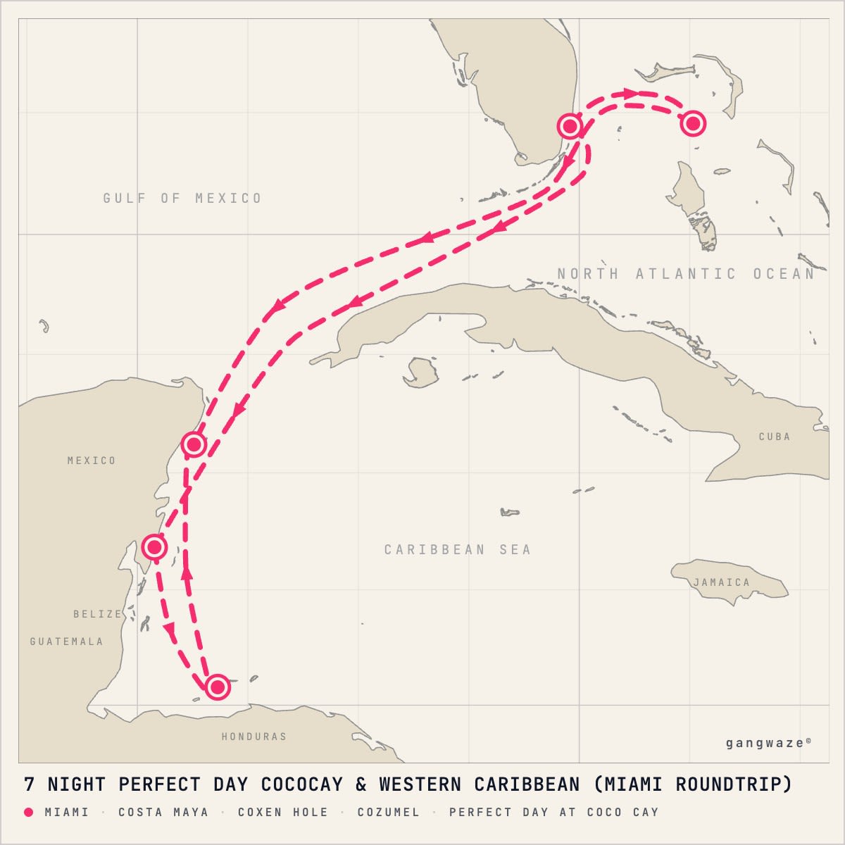Hero of the Seas itinerary map for August 14, 2027 (7 nights)