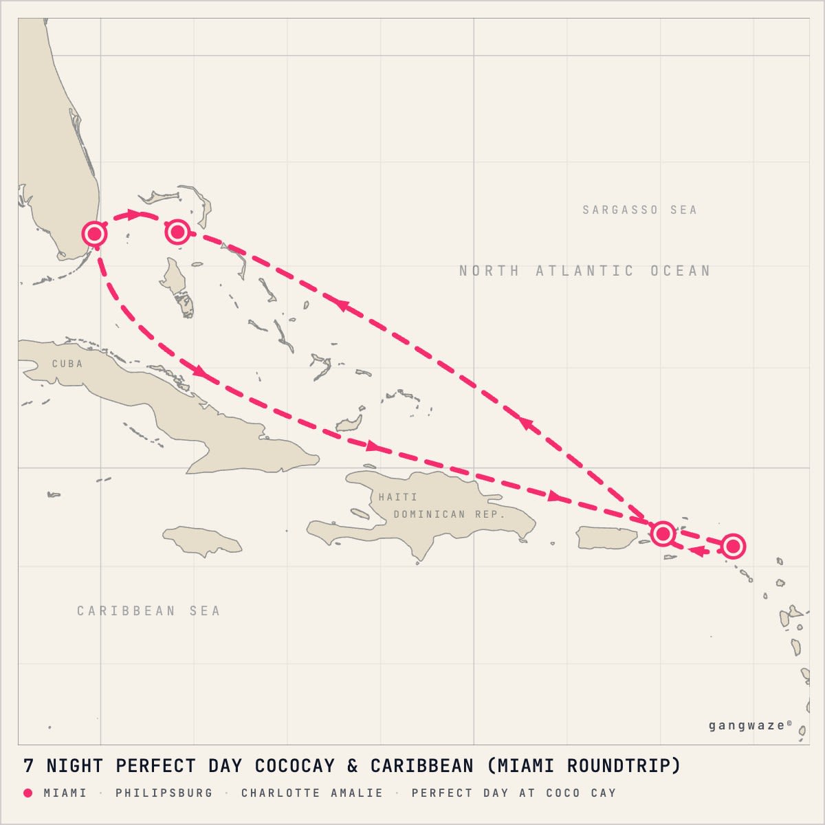 Hero of the Seas itinerary map for October 23, 2027 (7 nights)