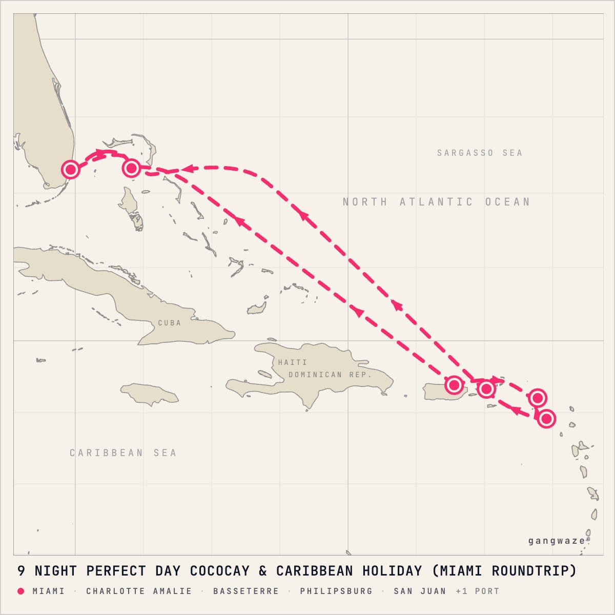 Hero of the Seas itinerary map for December 30, 2027 (9 nights)