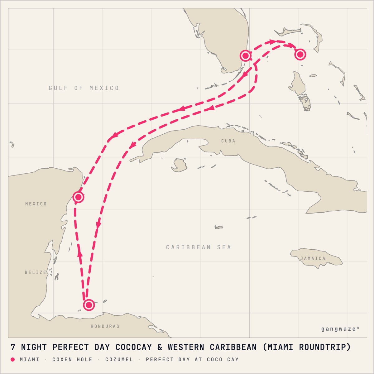Hero of the Seas itinerary map for February 19, 2028 (7 nights)