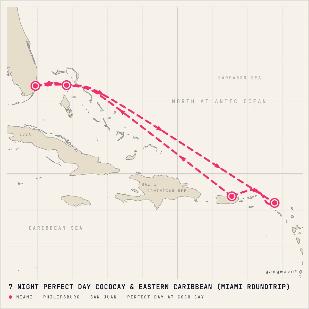 Hero of the Seas itinerary map for April 1, 2028 (7 nights)