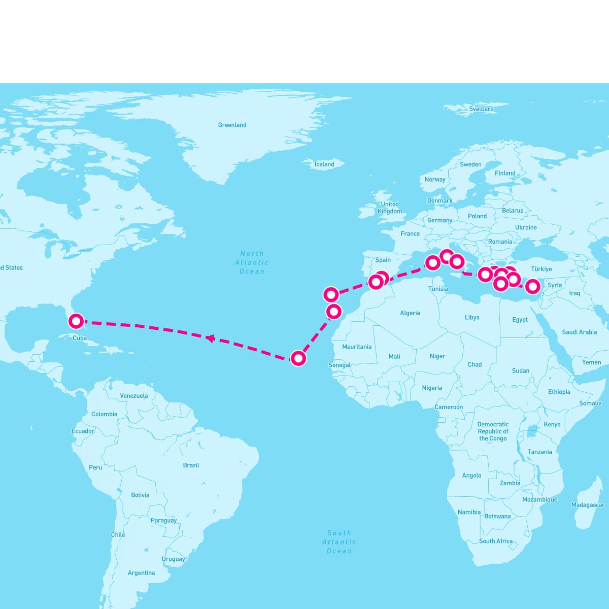 Island Princess itinerary map for November 24, 2024 (28 nights)