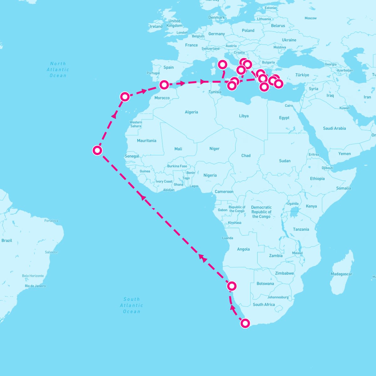 Island Princess itinerary map for March 9, 2025 (33 nights)