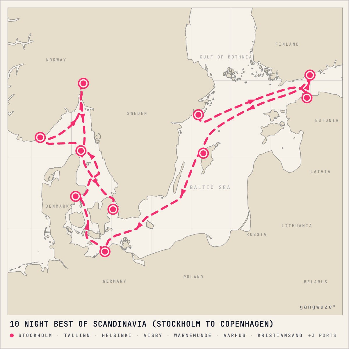 Jewel of the Seas June 23, 2028 itinerary map: from Stockholm to Copenhagen, calling at Tallinn, Helsinki, Visby, Warnemunde, Aarhus, Kristiansand, Oslo, Skagen
