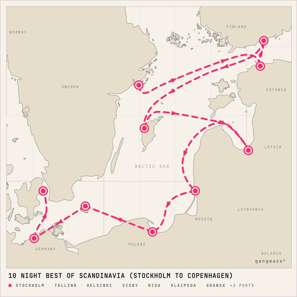 Jewel of the Seas July 13, 2028 itinerary map: from Stockholm to Copenhagen, calling at Tallinn, Helsinki, Visby, Riga, Klaipeda, Gdansk, Bornholm, Warnemunde