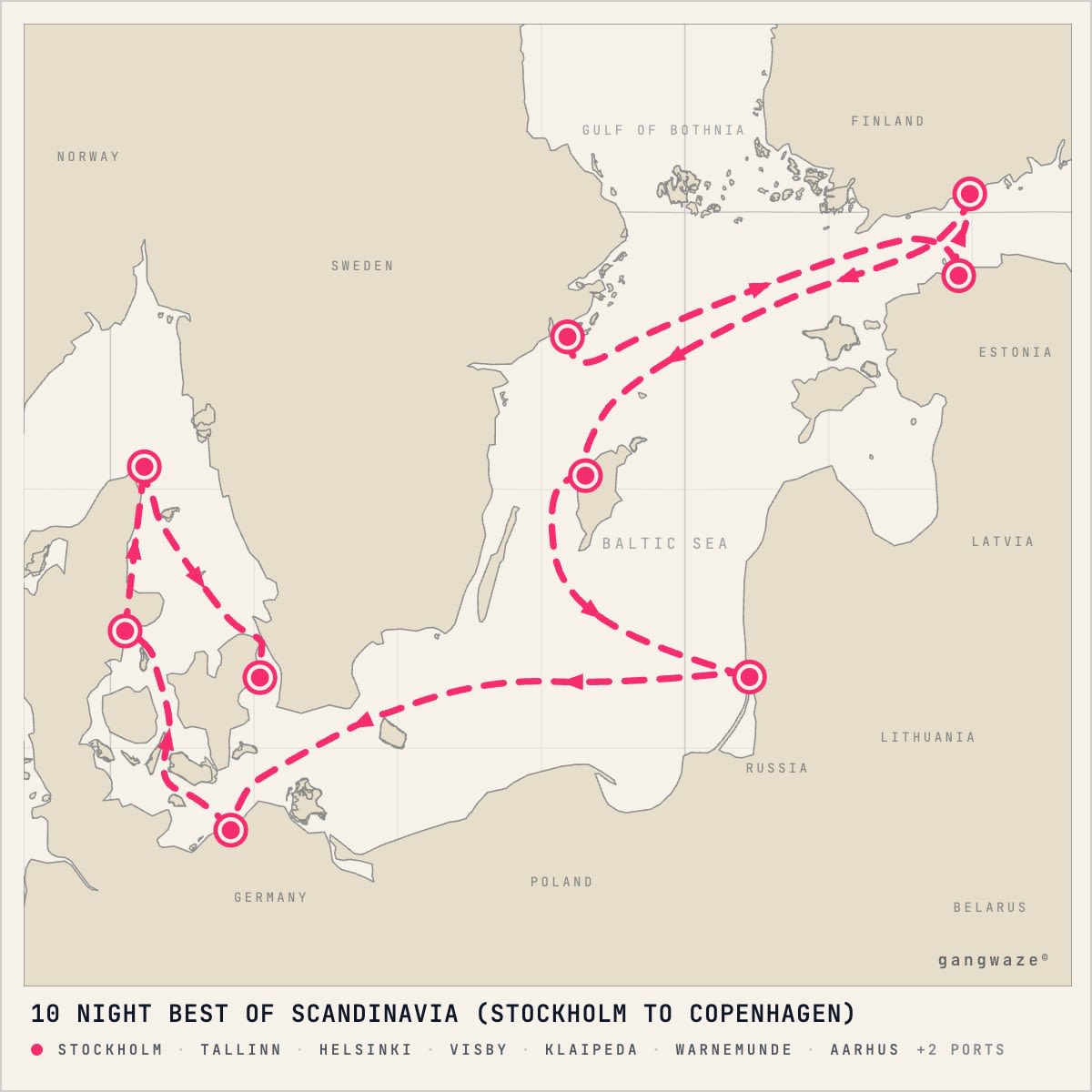 Jewel of the Seas August 19, 2028 itinerary map: from Stockholm to Copenhagen, calling at Tallinn, Helsinki, Visby, Klaipeda, Warnemunde, Aarhus, Skagen