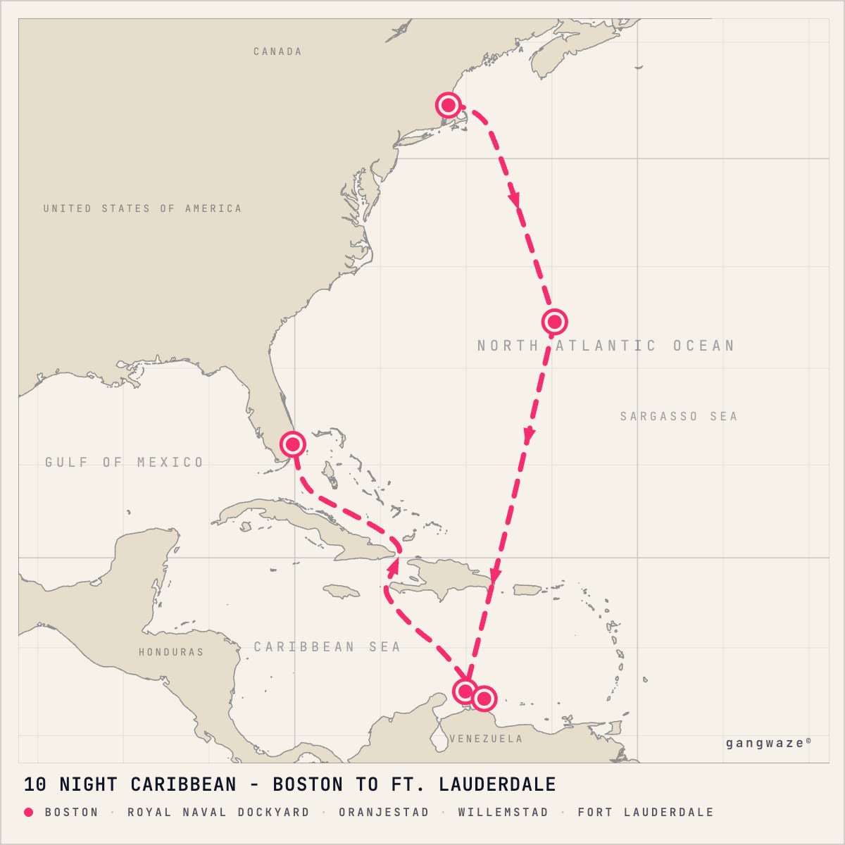 Jewel of the Seas October 20, 2028 itinerary map: from Boston to Fort Lauderdale, calling at Royal Naval Dockyard, Oranjestad, Willemstad