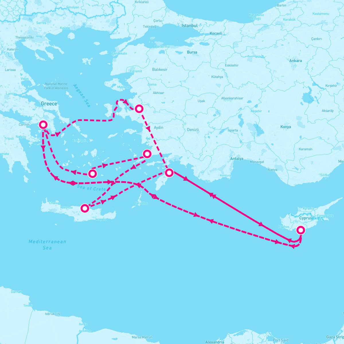 Marella Discovery itinerary map for July 1, 2026 (14 nights)