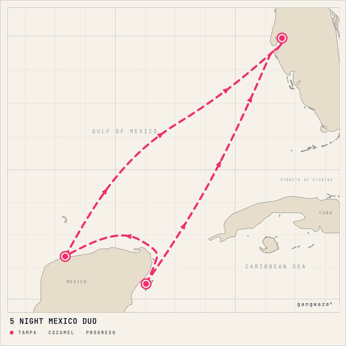 Margaritaville Islander September 27, 2027 itinerary map: round trip from Tampa, calling at Cozumel, Progreso