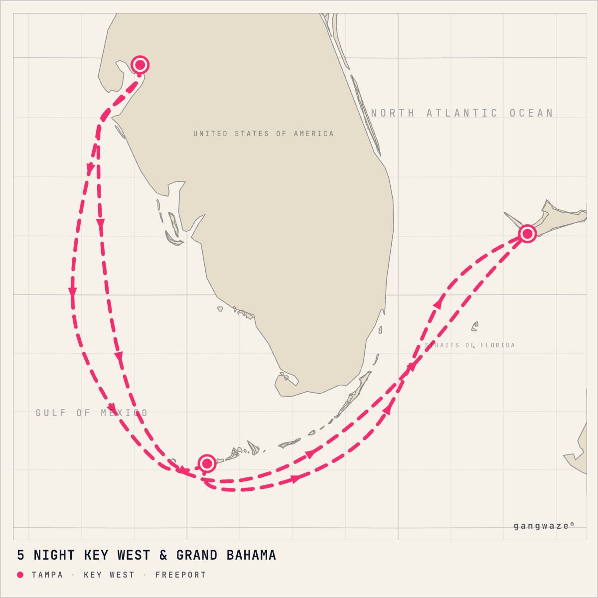 Margaritaville Islander November 23, 2027 itinerary map: round trip from Tampa, calling at Key West, Freeport