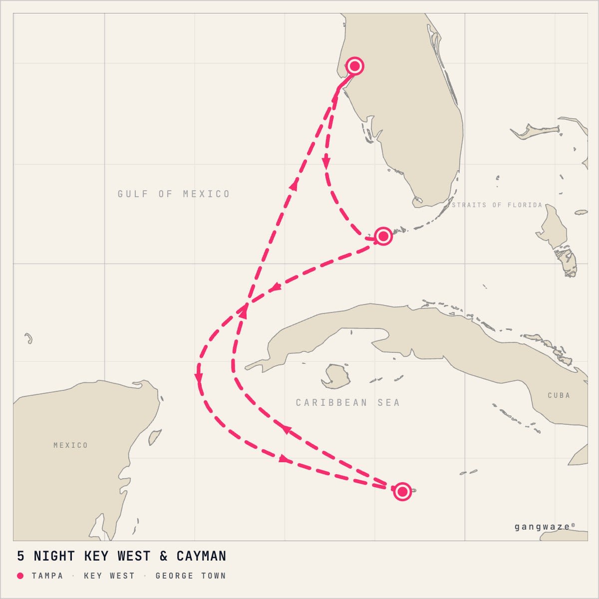 Margaritaville Islander December 23, 2027 itinerary map: round trip from Tampa, calling at Key West, George Town