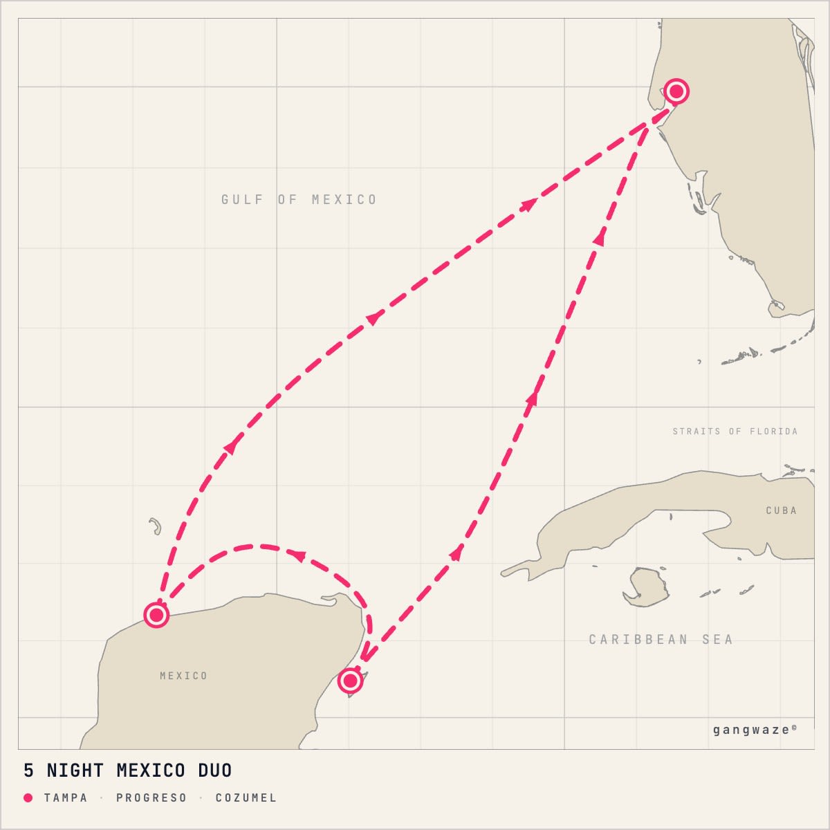 Margaritaville Islander April 10, 2028 itinerary map: round trip from Tampa, calling at Progreso, Cozumel
