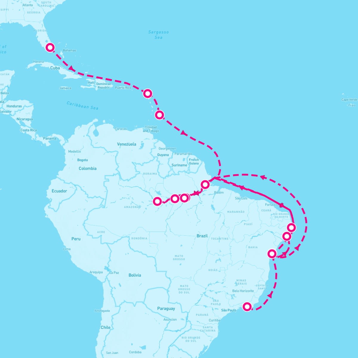 Marina itinerary map for March 15, 2024 (21 nights)