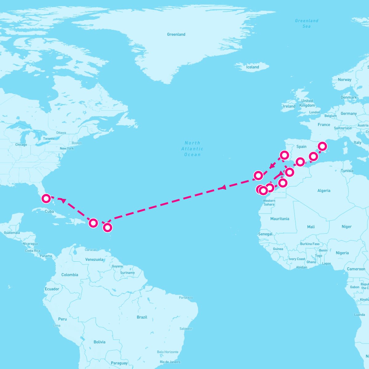 Marina itinerary map for November 5, 2024 (22 nights)