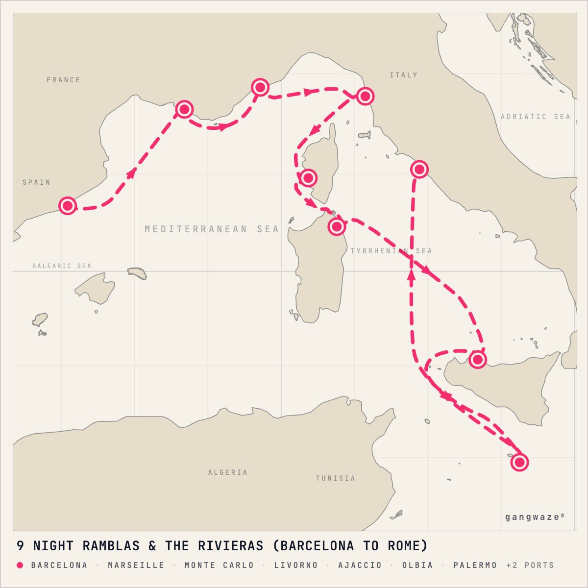 Marina September 13, 2028 itinerary map: from Barcelona to Civitavecchia, calling at Marseille, Monte Carlo, Livorno, Ajaccio, Olbia, Palermo, Valletta