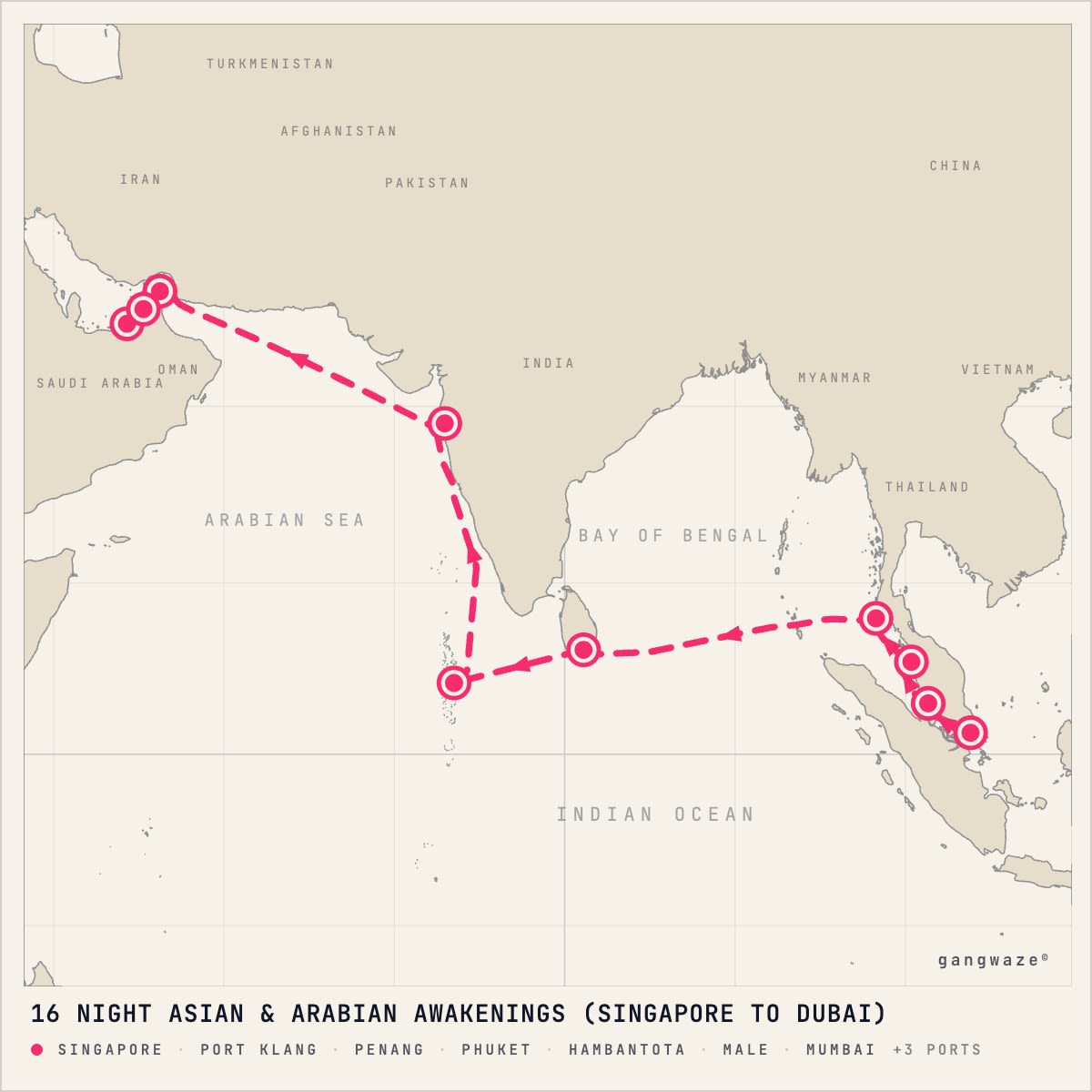 Marina April 19, 2029 itinerary map: from Singapore to Dubai, calling at Port Klang, Penang, Phuket, Hambantota, Male, Mumbai, Khasab, Abu Dhabi