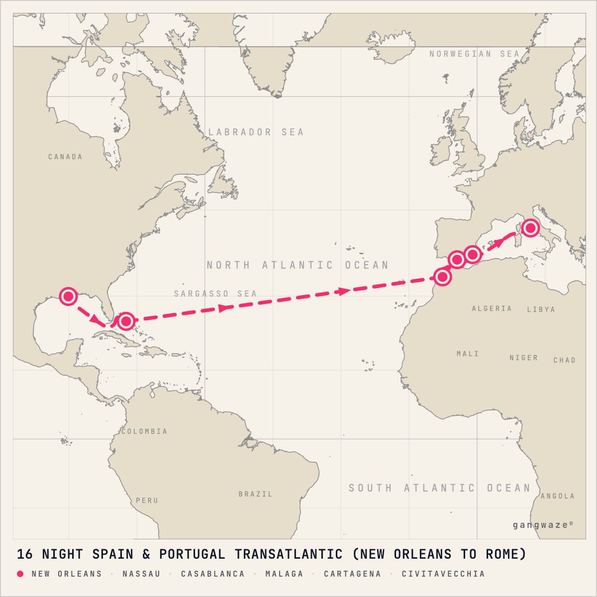 Mariner of the Seas April 22, 2028 itinerary map: from New Orleans to Civitavecchia, calling at Nassau, Casablanca, Malaga, Cartagena