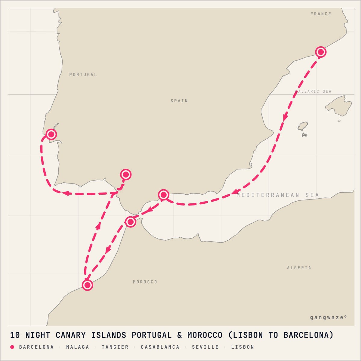 Mariner of the Seas July 14, 2028 itinerary map: from Barcelona to Lisbon, calling at Malaga, Tangier, Casablanca, Seville