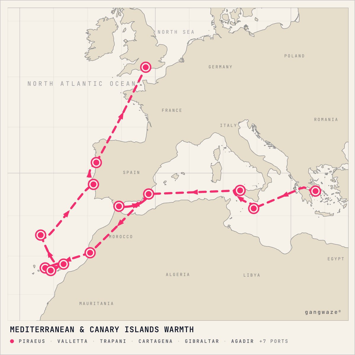 MS Balmoral November 19, 2026 itinerary map: from Piraeus to Southampton, calling at Piraeus, Valletta, Trapani, Cartagena, Gibraltar, Agadir, Santa Cruz De Tenerife, Las Palmas, Arrecife, Funchal, Lisbon, Oporto