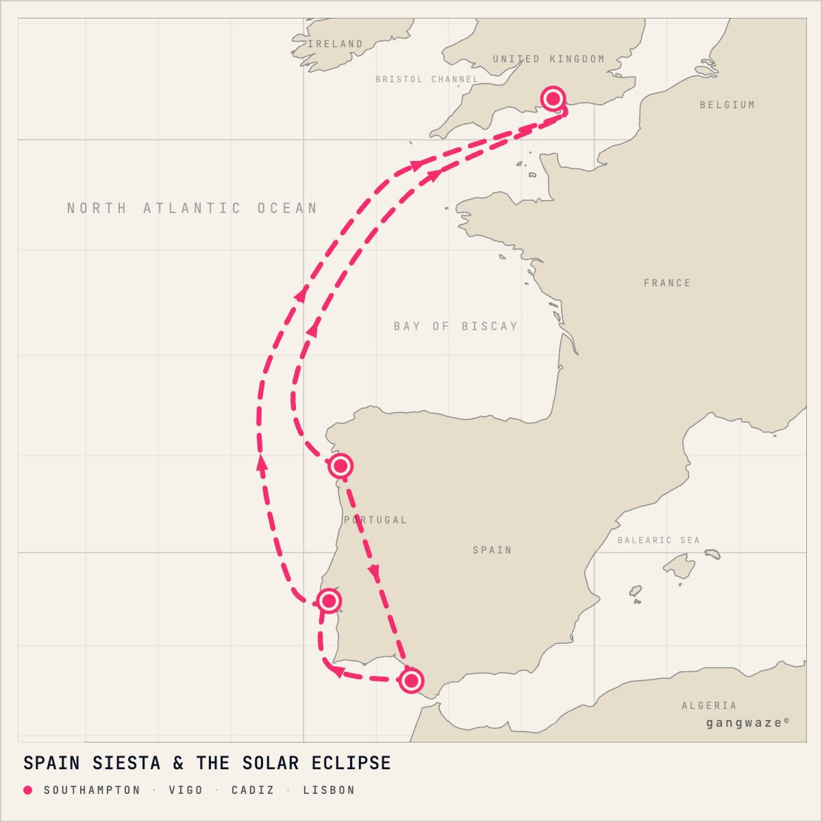MS Balmoral March 14, 2027 itinerary map: round trip from Southampton, calling at Vigo, Cadiz, Lisbon