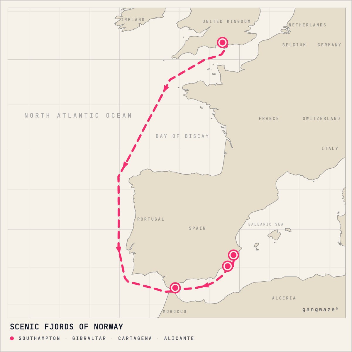 MS Balmoral September 30, 2027 itinerary map: from Southampton to Alicante, calling at Gibraltar, Cartagena