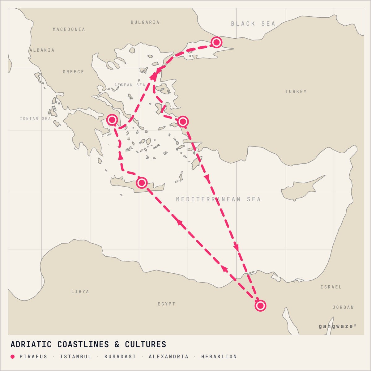 MS Balmoral November 23, 2027 itinerary map: round trip from Piraeus, calling at Piraeus, Istanbul, Kusadasi, Alexandria, Heraklion