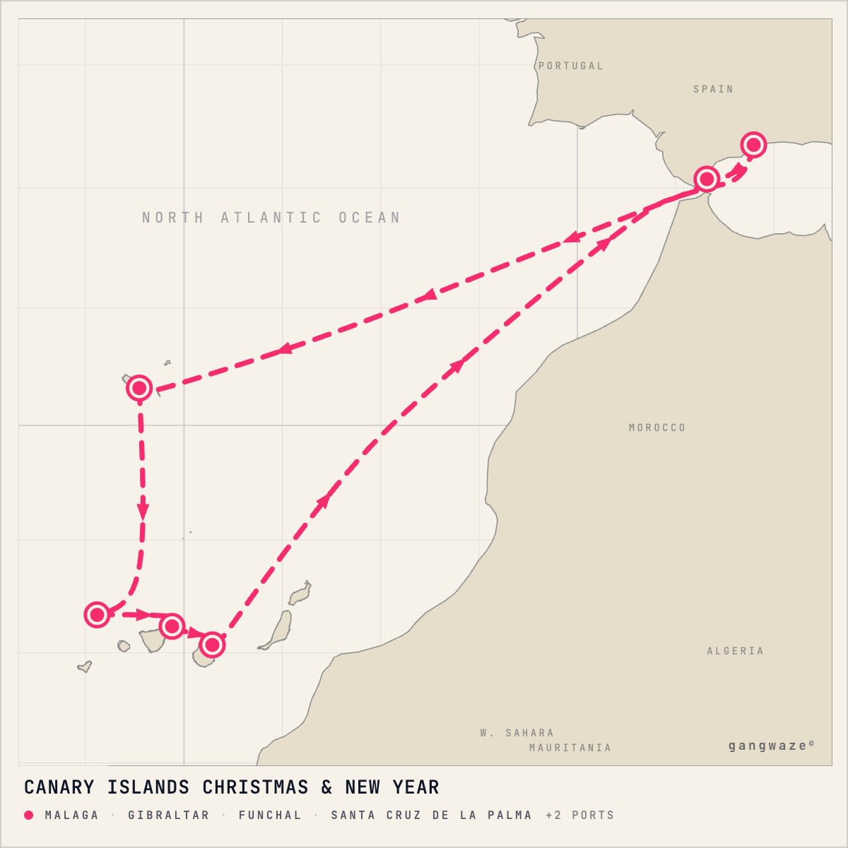 MS Balmoral December 22, 2027 itinerary map: round trip from Malaga, calling at Malaga, Gibraltar, Funchal, Santa Cruz De La Palma, Santa Cruz De Tenerife, Las Palmas
