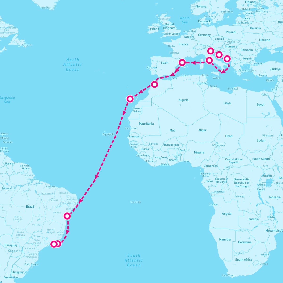 MSC Armonia itinerary map for November 24, 2025 (20 nights)