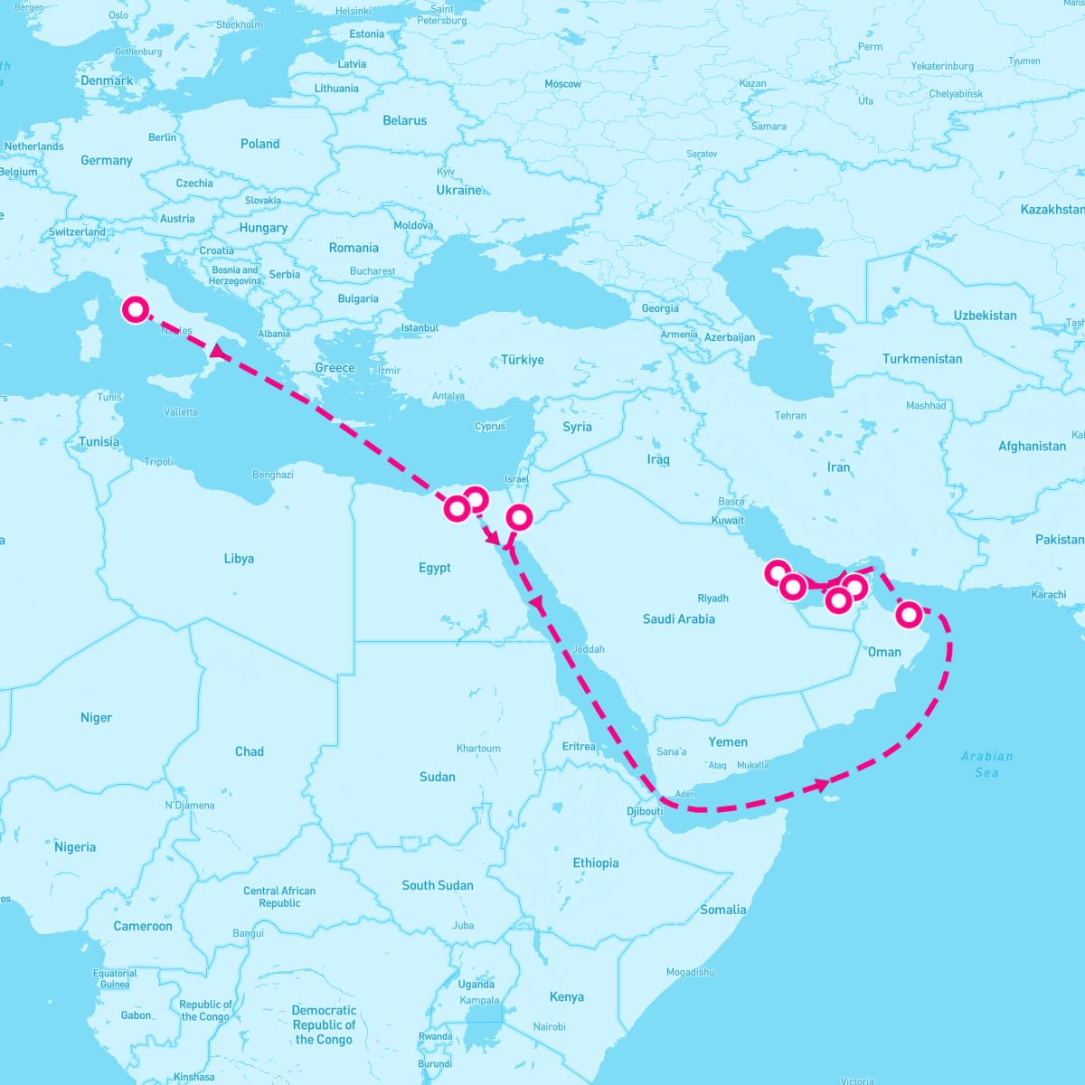 MSC Euribia itinerary map for October 23, 2025 (20 nights)