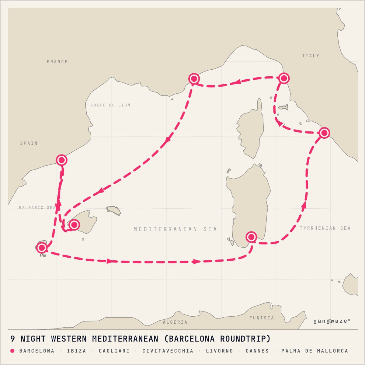 MSC Fantasia November 4, 2027 itinerary map: round trip from Barcelona, calling at Ibiza, Cagliari, Civitavecchia, Livorno, Cannes, Palma De Mallorca